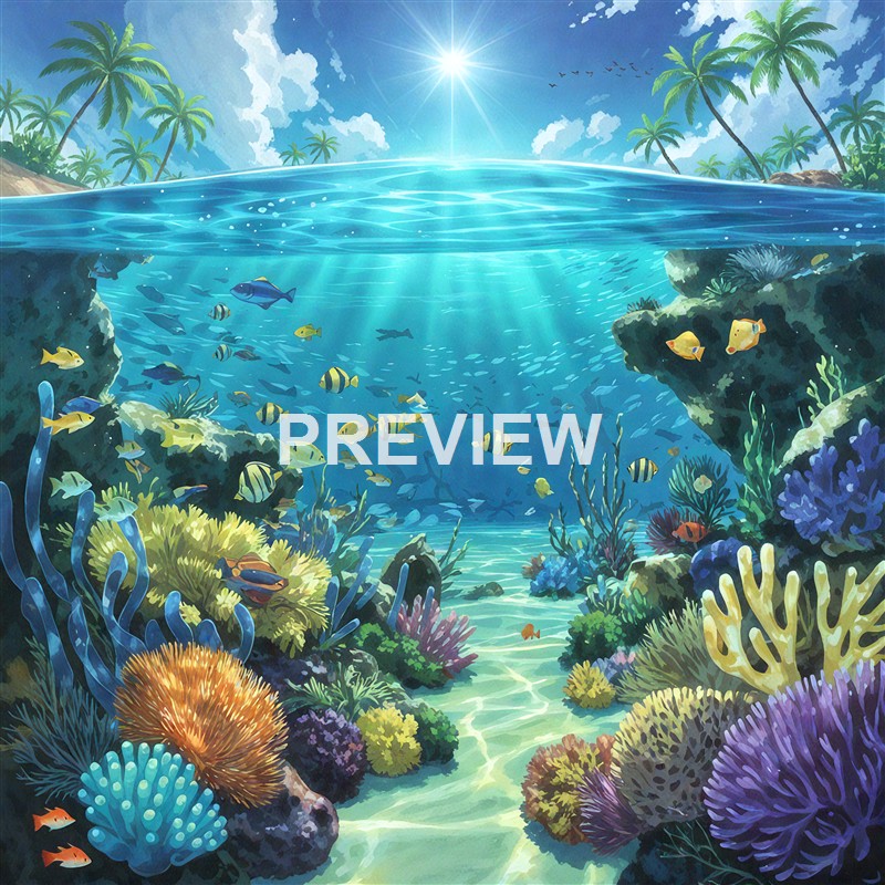 An underwater scene showing colorful coral reefs and various tropical fish beneath a bright, sunny sky with palm trees on land.